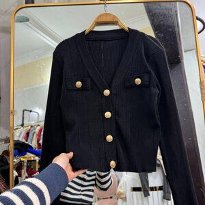 Black Ribbed Knit Cardigan Gold Button Detail